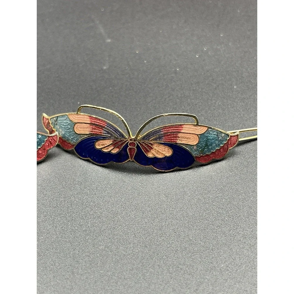 Vintage Enamel Butterfly Barrettes Pair Gold Tone Hair Clips Cloisonne Style‎